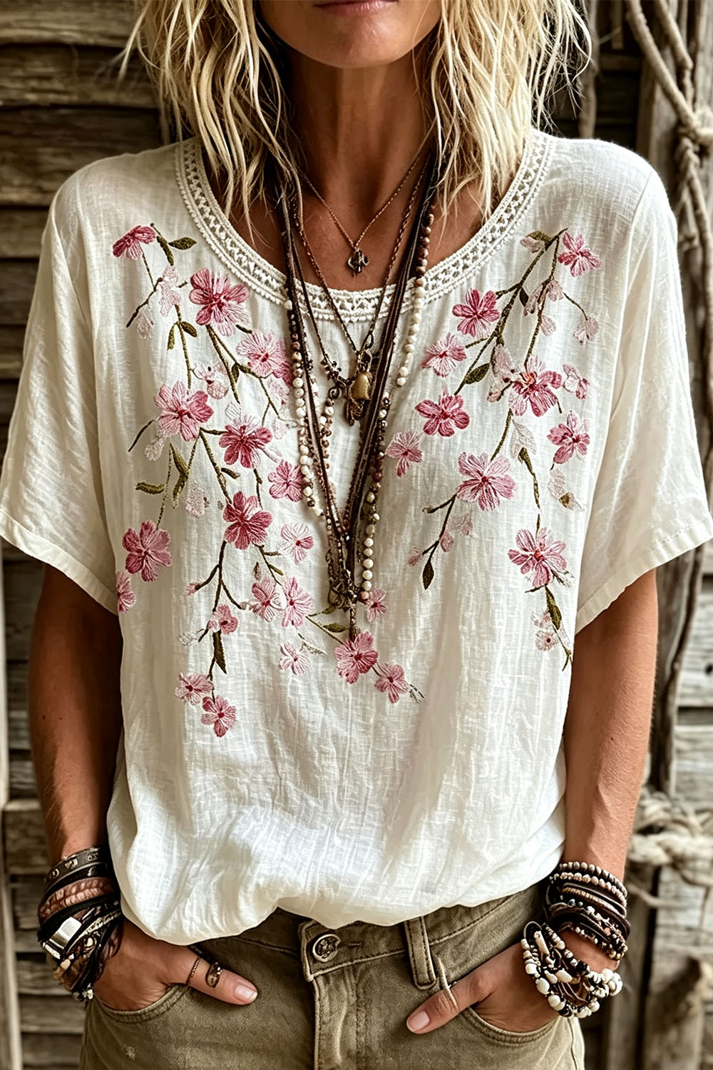 Women's White Pink Floral Embroidery Round Neck Short Sleeve Blouse