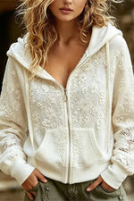 Women's White Floral Lace Hooded Zip Up Jacket