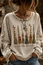 Women's Halloween Beige Broom Print Round Neck Sweatshirt