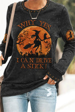 Women's Halloween Black Witch Moon Print Round Neck Long Sleeve Sweatshirt