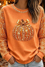 Women's Halloween Orange Pumpkin Print Round Neck Top