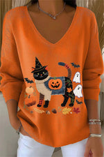 Women's Halloween Orange Black Cat Pumpkin Print V Neck Long Sleeve Top