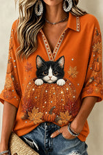 Women's Halloween Orange Cat Pumpkin Print Collared 3/4 Sleeve Top