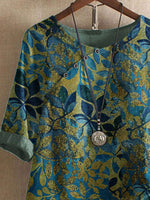 Bluse mit Blättermuster, Rundhalsausschnitt und halben Ärmeln