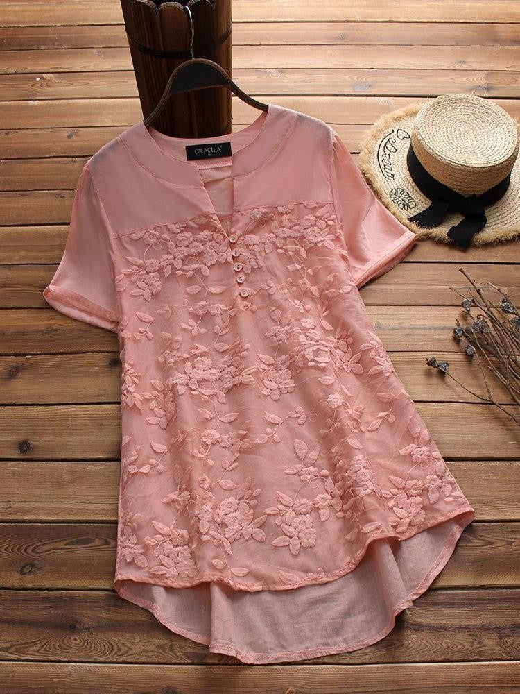 Damen-T-Shirt mit V-Ausschnitt, Blumenstickerei und kurzen Ärmeln