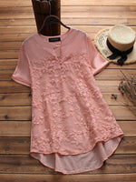 Damen-T-Shirt mit V-Ausschnitt, Blumenstickerei und kurzen Ärmeln