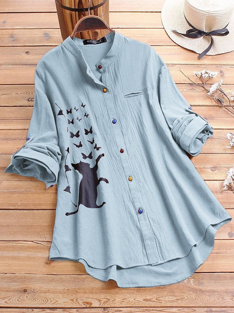 Damen-Langarmshirt mit Kragen und Katzenprint