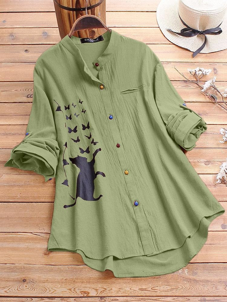 Damen-Langarmshirt mit Kragen und Katzenprint