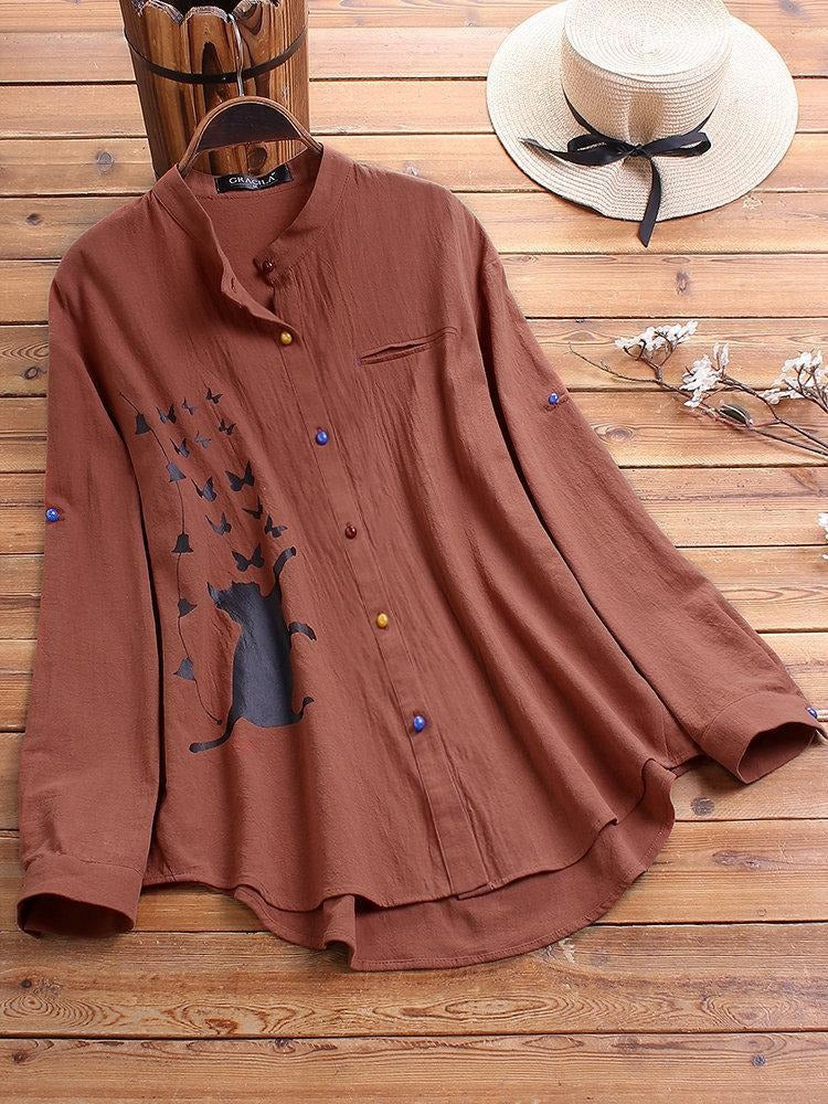 Damen-Langarmshirt mit Kragen und Katzenprint