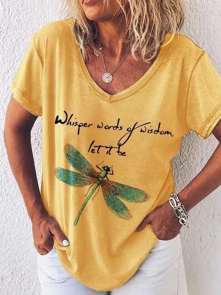 Dragonfly Print V-neck Short Sleeves T-shirt