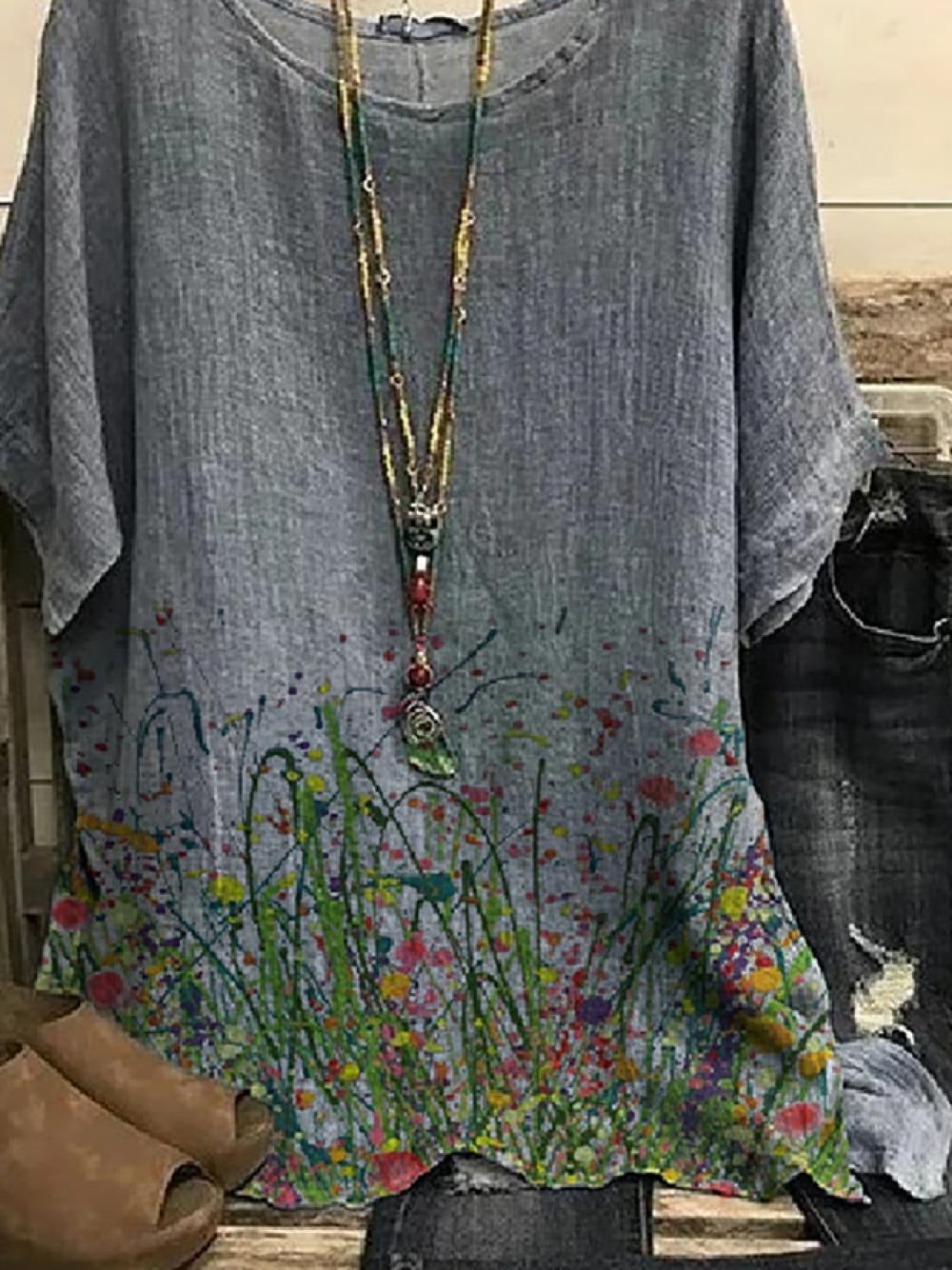 Floral Print Round Neck Short Sleeves T-shirt