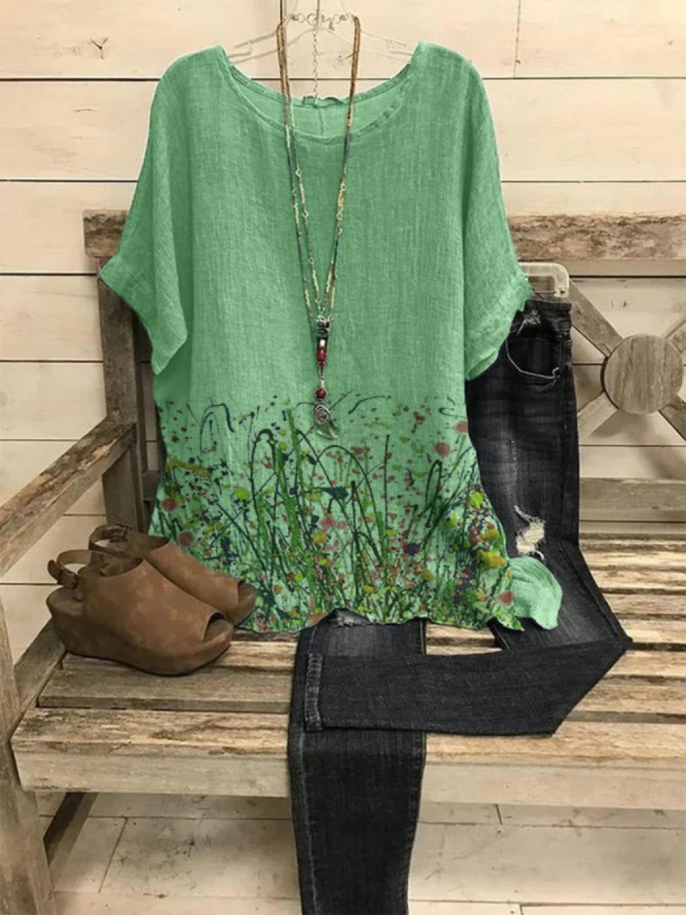 Floral Print Round Neck Short Sleeves T-shirt