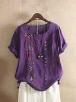 Floral Embroidery Round Neck Short Sleeves T-shirt