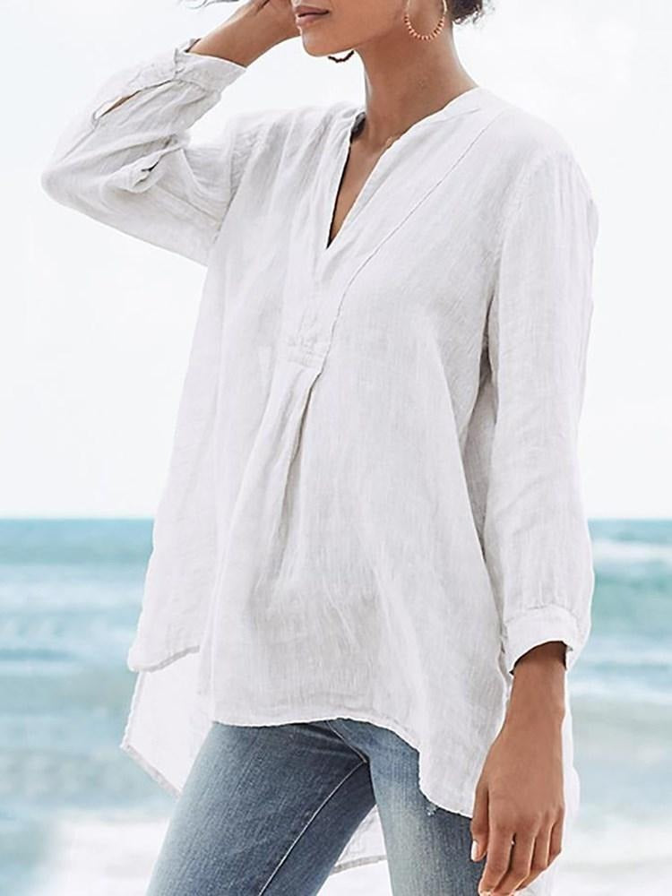 Solid Color Casual V-neck 3/4 Sleeves Blouse