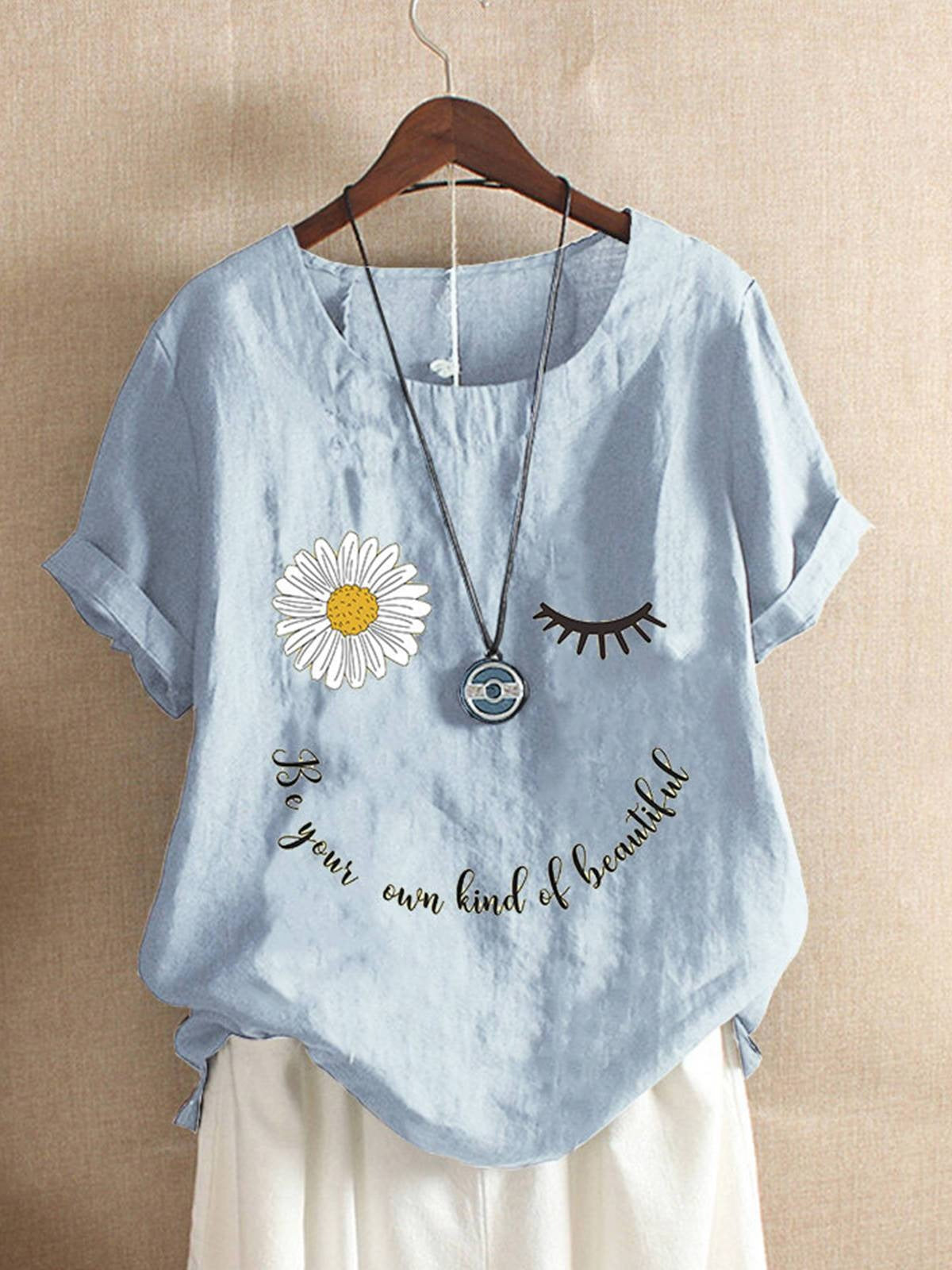Daisy Letter Print Round Neck Short Sleeves T-shirt