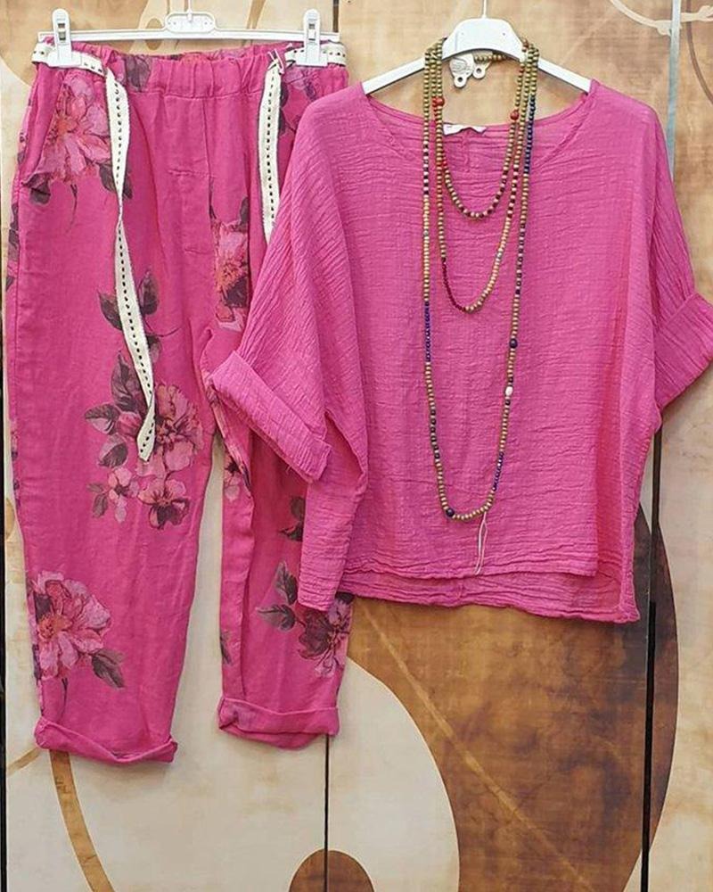 Ensemble deux pièces décontracté à imprimé floral et manches 3/4