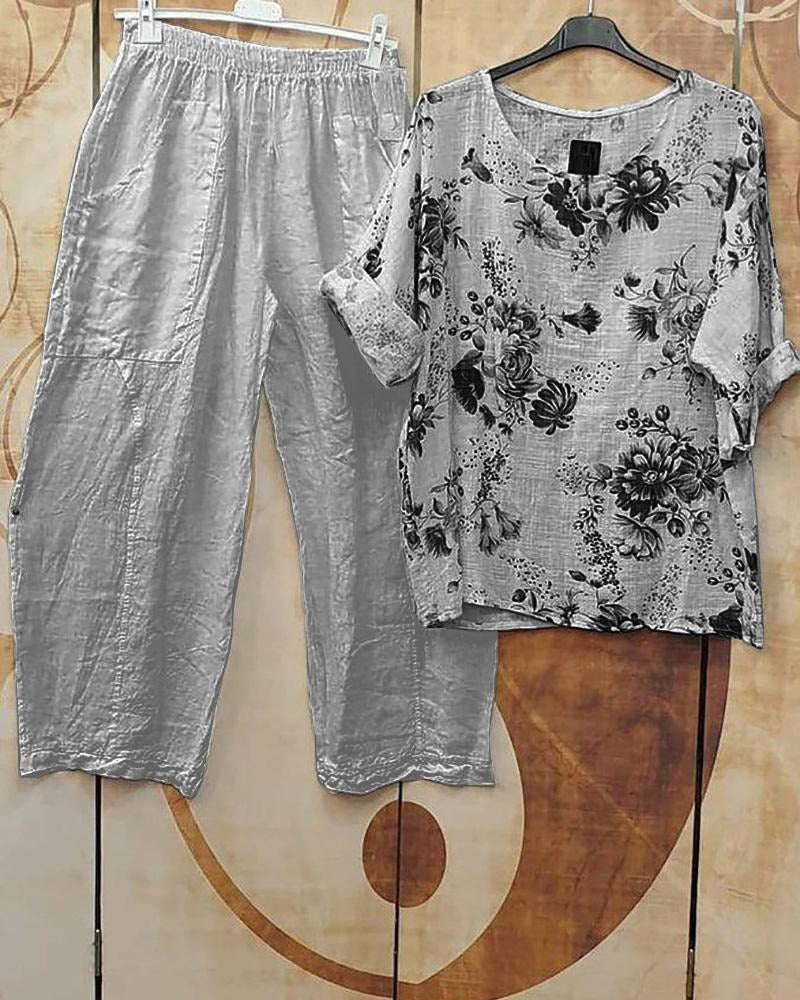 Floral Print Casual Half Sleeves Two Piece Suit