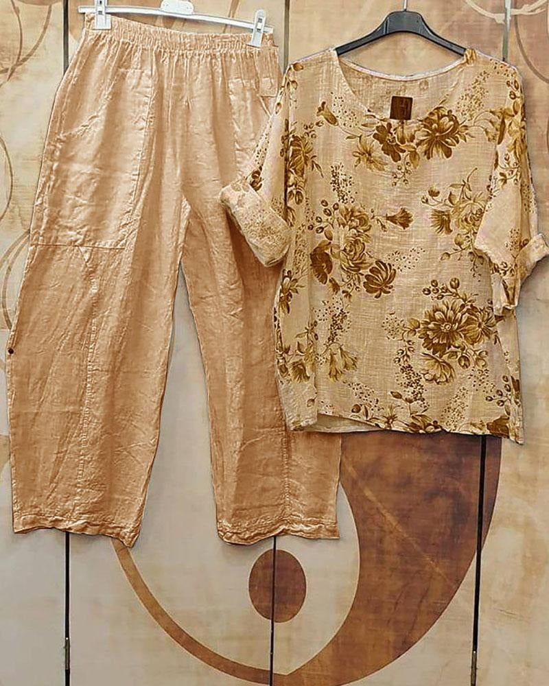 Floral Print Casual Half Sleeves Two Piece Suit