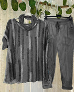 Stripe Print Casual Short Sleeves Two Piece Suit