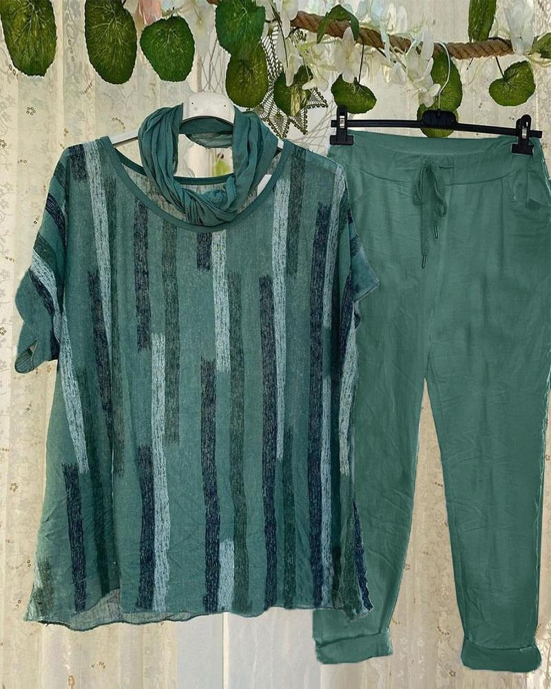 Stripe Print Casual Short Sleeves Two Piece Suit