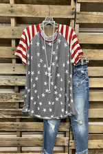 Star Stripe Print Round Neck Short Sleeves T-shirt