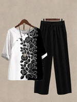 Women's Floral Print Half Sleeve Top And Wide Leg Pants Linen Two Pieces