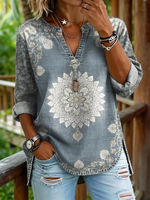 Ethnicity Light Blue Totem Women's Print Casual V-neck Washed Cotton Denim Top