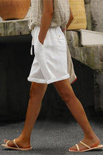 White Casual Soild Drawstring Elastic Waist Short Pants with Pockets
