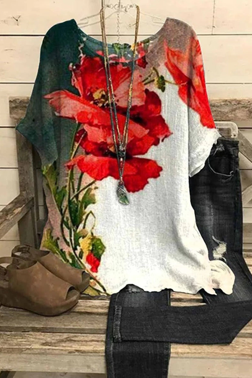 Round Neck Floral Print Short Sleeve Casual Blouse & Top