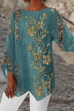 Round Neck Golden Glam Floral Print Long Sleeves Blouse