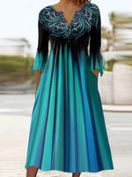 V Neck Ribbon Green Ombre Stripe 3/4 Sleeves Midi Dresses