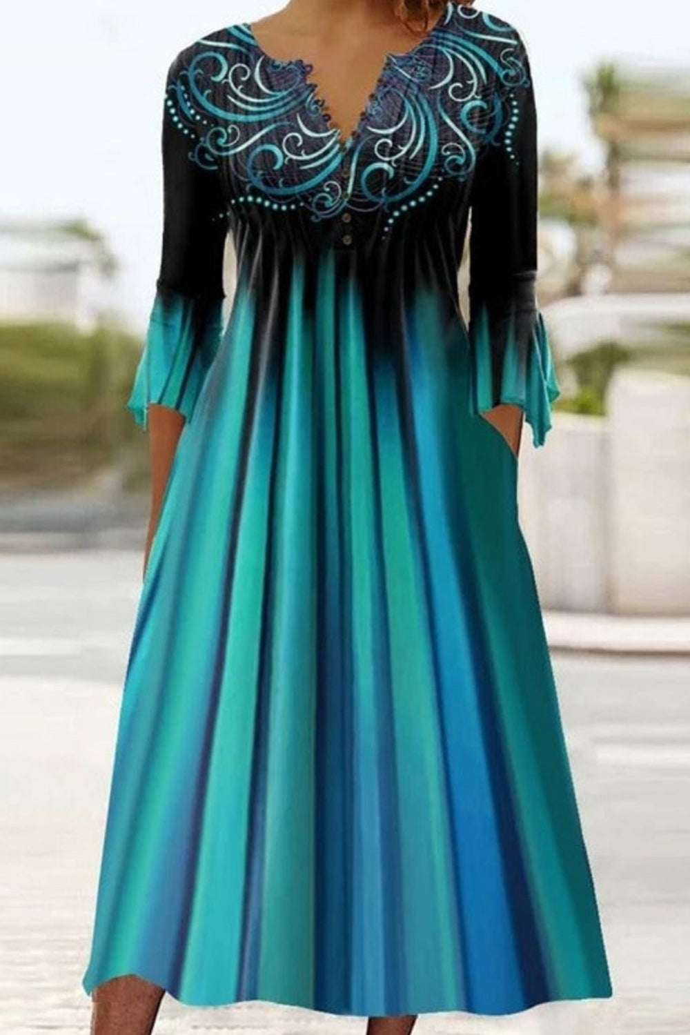 V Neck Ribbon Green Ombre Stripe 3/4 Sleeves Midi Dresses