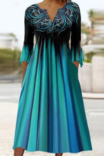 V Neck Ribbon Green Ombre Stripe 3/4 Sleeves Midi Dresses