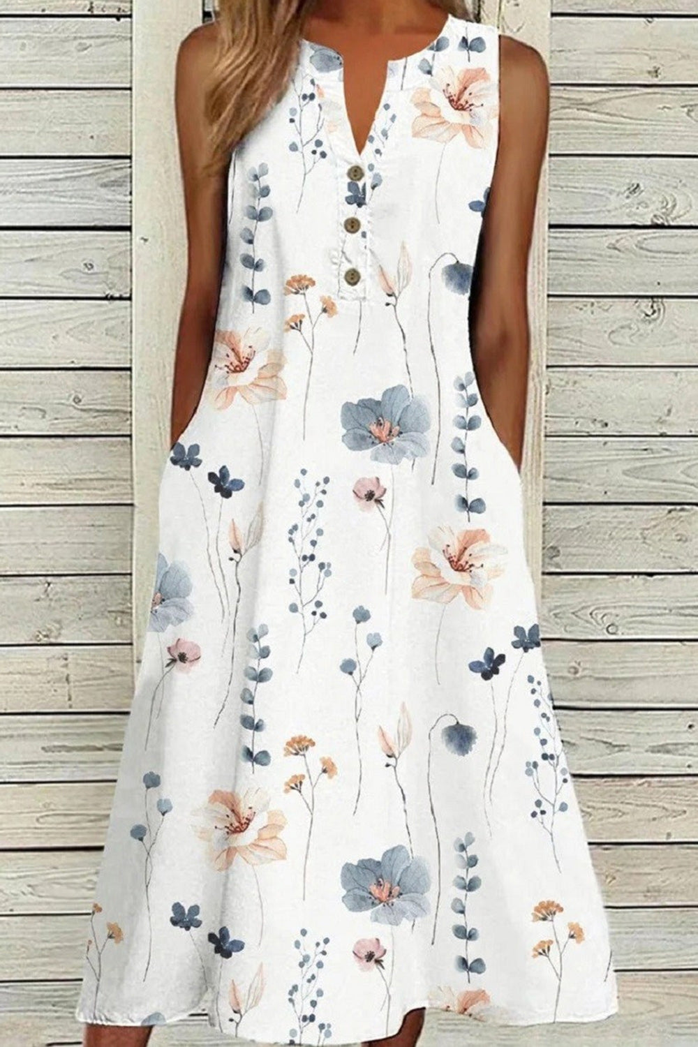 V-neck Graphic Floral Print Sleeveless Midi Dresses