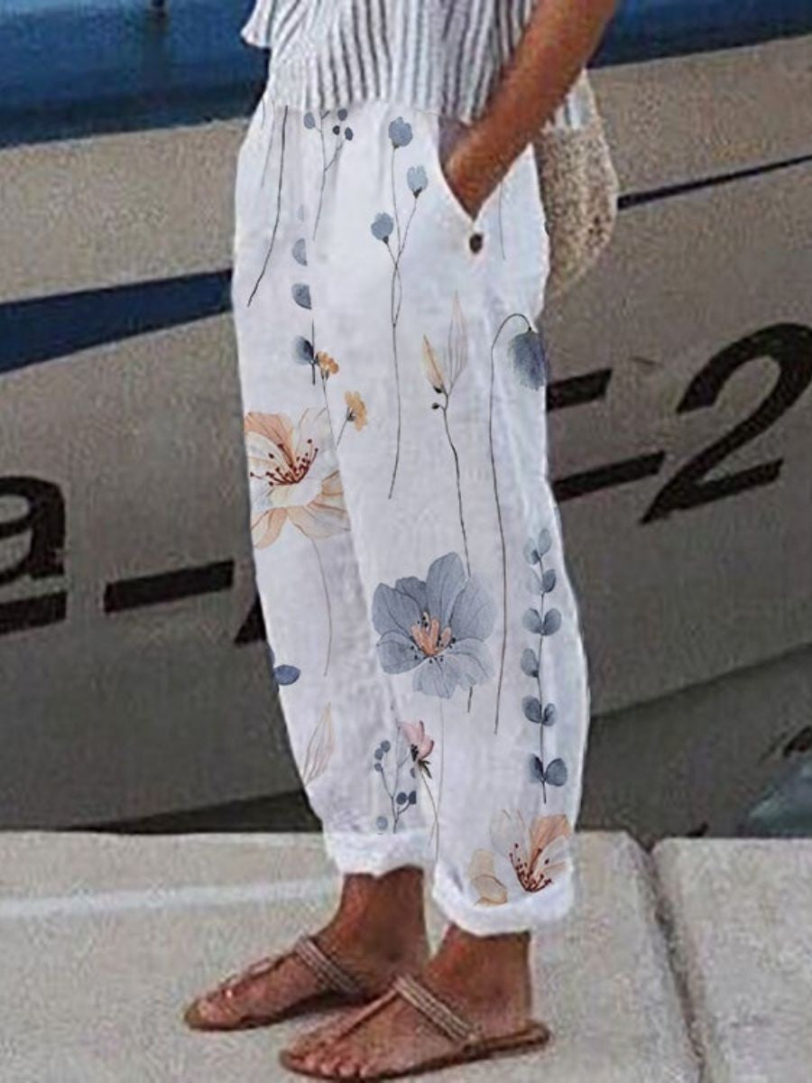 Botanical Floral Print Casual Daily Pants