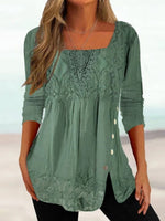Ethnic Solid Color Casual Square Neck Lace Long Sleeves Blouse