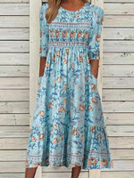 Round Neck Graphic Floral Print Half Sleeves Midi Dress