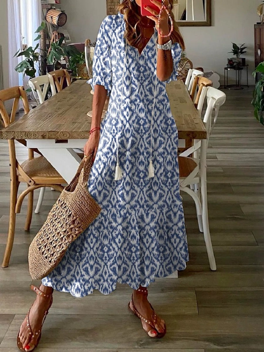 Blue Casual V Neck Printed Short Sleeve Dress