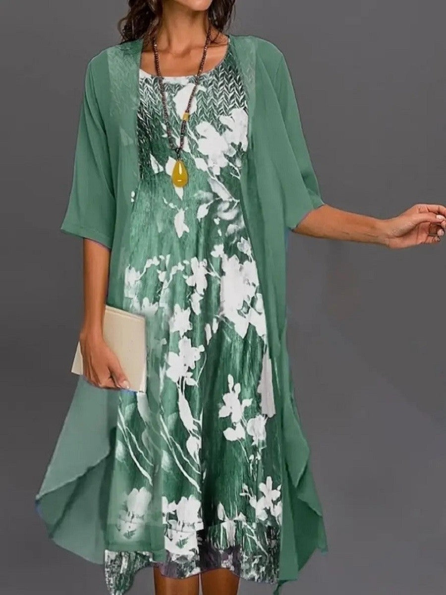 Floral Print Round Neck Casual 2 Pieces Set A Line Midi Dress