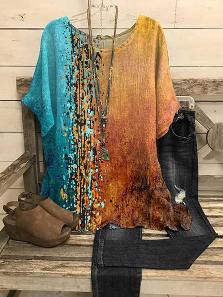 Colorful Casual Graphic Round Neck Half Sleeve Splicing Blouse