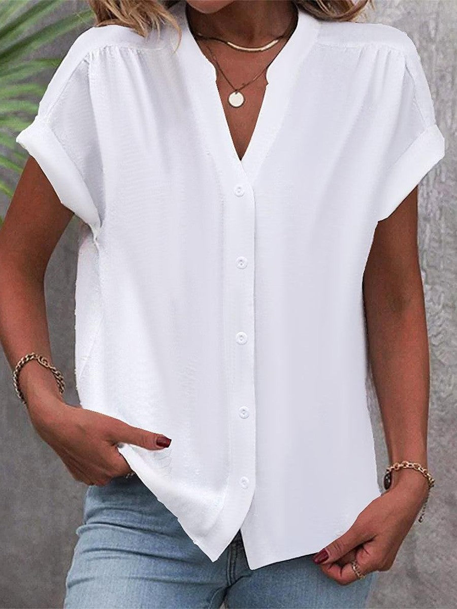 Comfy Plain Buttoned V Neck Short Sleeve Shirt