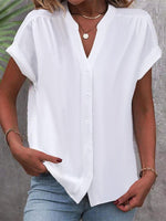 Comfy Plain Buttoned V Neck Short Sleeve Shirt