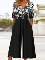 Black V-neck Floral Print Half Sleeve Jumpsuit