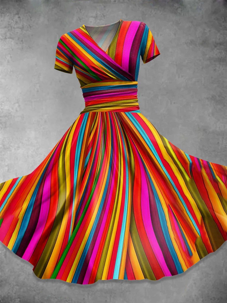 V-neck Retro Rainbow Stripe Print Short Sleeve Casual Dress