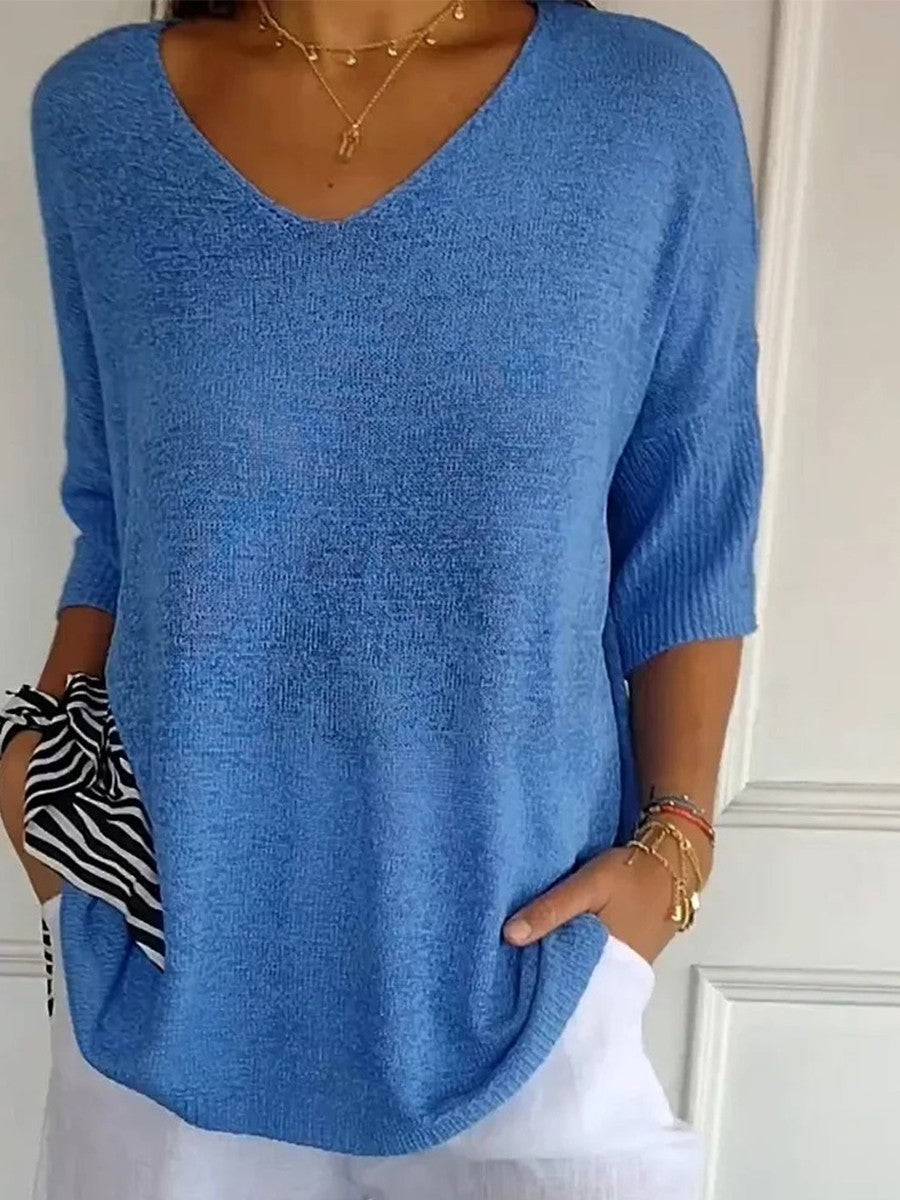 Solid Color Knitted V-Neck Sweater