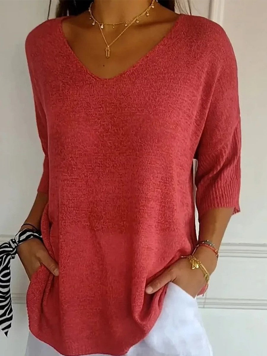 Solid Color Knitted V-Neck Sweater