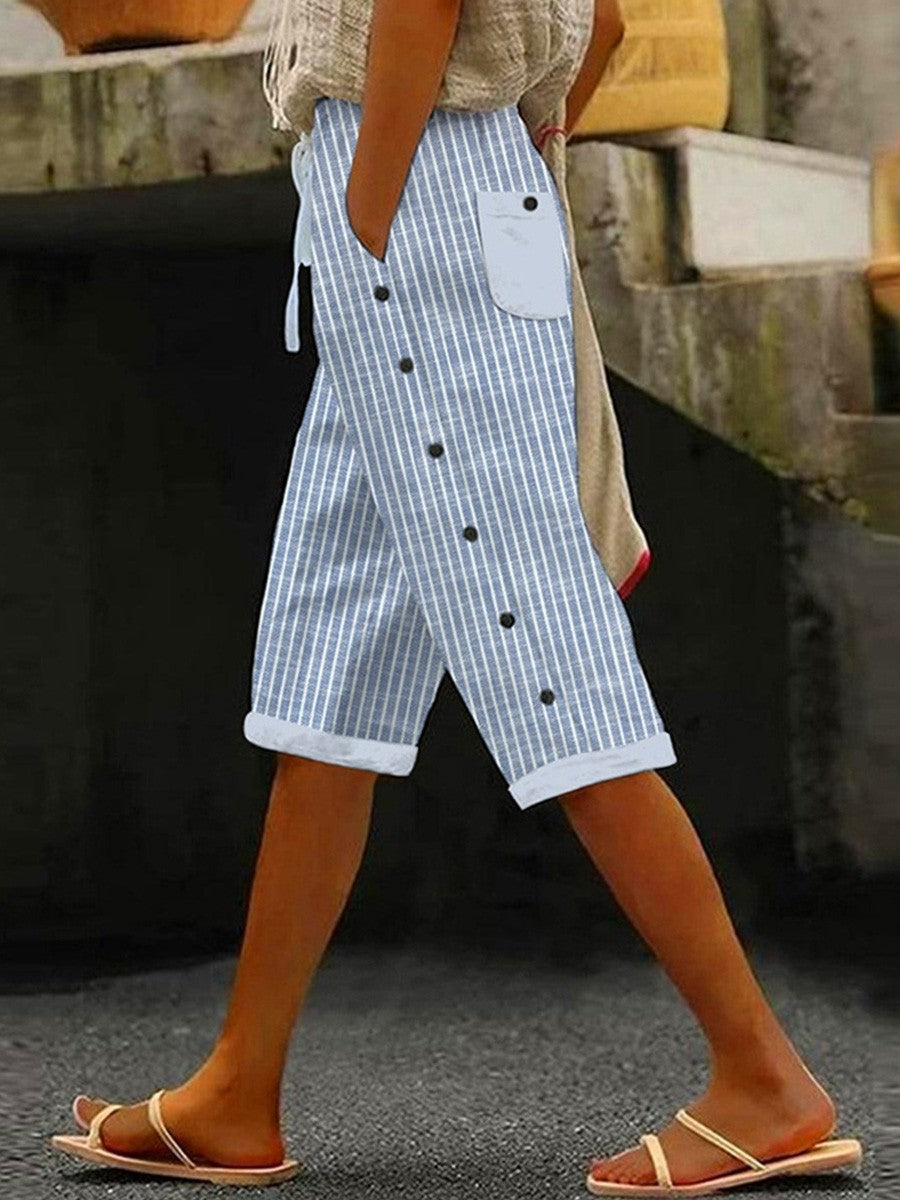 Blue Striped Print Side Pocket Fifth Pants