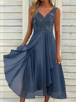 Blue Lace Trim V Neck Sleeveless Midi Dress