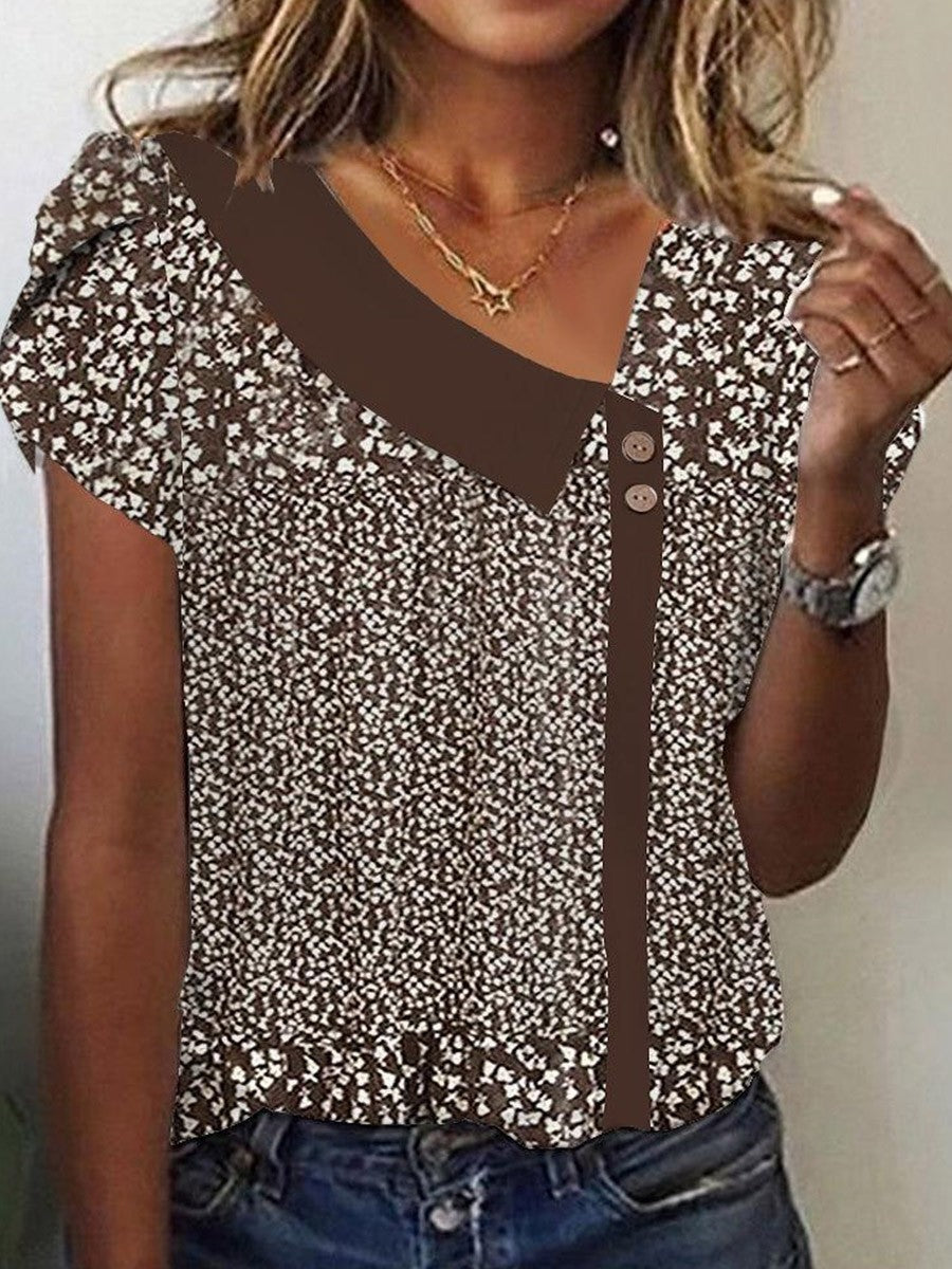 Brown V-neck Short Sleeve Casual Blouse