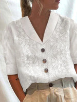 Lace Collar Cotton Short Sleeved Button Down Shirt